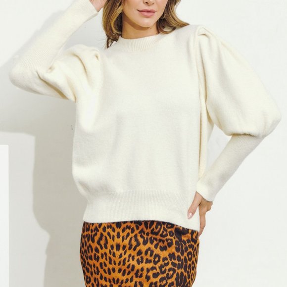 Lantern Sleeve Crewneck Ribbed Trim Sweater - Picture 6 of 6